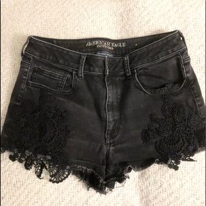 American Eagle Black Distressed Lace  High Waisted Super Stretch Jean Shorts